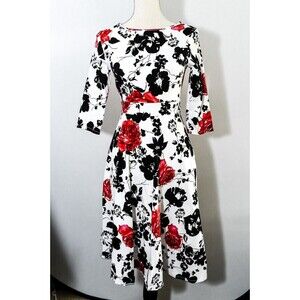 kivenst high fashion white dress with black flowers red roses wedding guest L